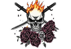 A skull burning intensely, katanas crossed, surrounded by falling dark roses. tattoo idea