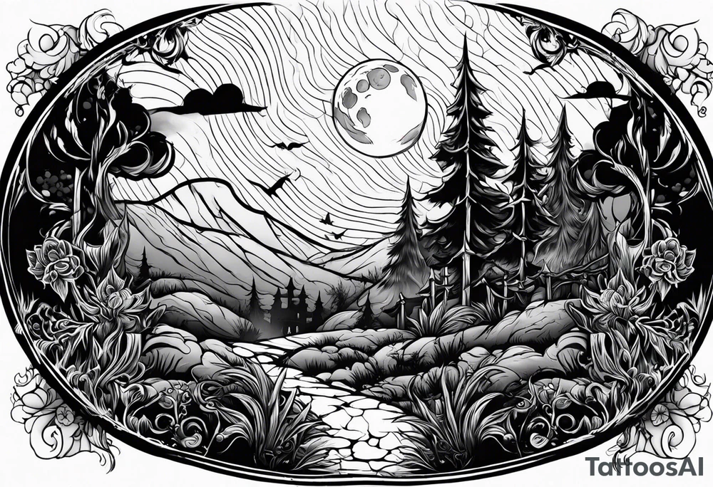 Graveyard with moon and smoke  on hills tattoo idea