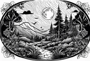 Graveyard with moon and smoke  on hills tattoo idea