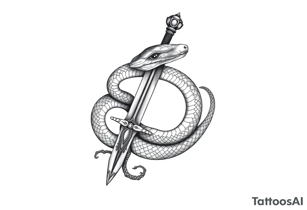 mystical snake coiled around an ancient dagger with jeweled hilt tattoo idea