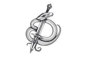 mystical snake coiled around an ancient dagger with jeweled hilt tattoo idea