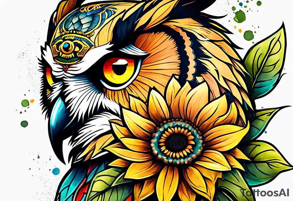 Leg sleeve with colorful sunflowers and an owl tattoo idea