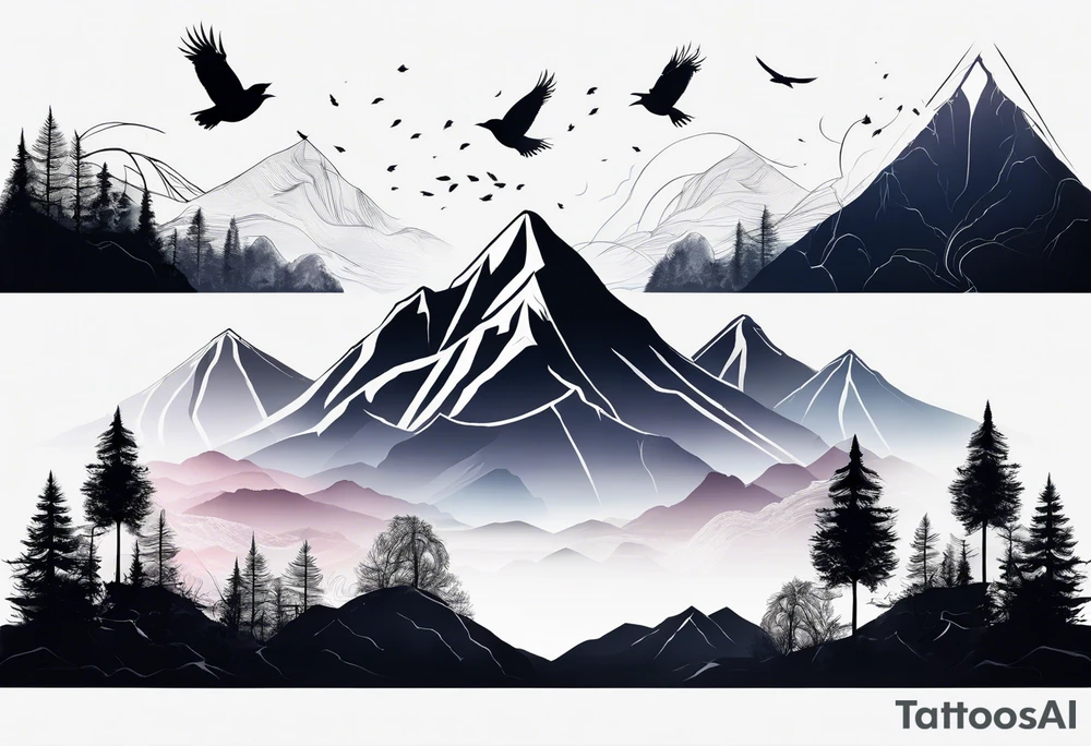 A mountain scape with trees. 5 silhouettes of birds. All black tattoo idea