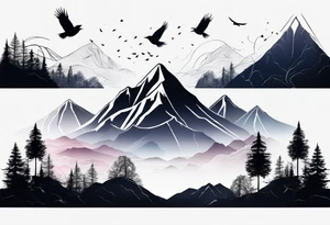 A mountain scape with trees. 5 silhouettes of birds. All black tattoo idea