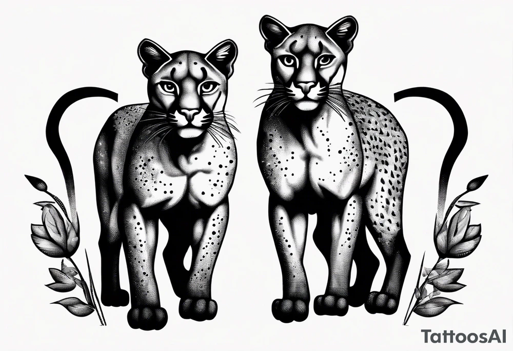 Two black pumas walking past each other and looking at each other tattoo idea