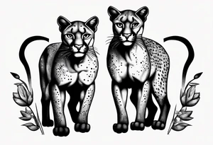 Two black pumas walking past each other and looking at each other tattoo idea