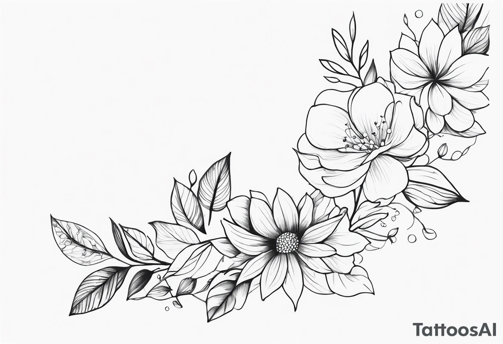 long line of flowers and leaves for around thigh tattoo idea