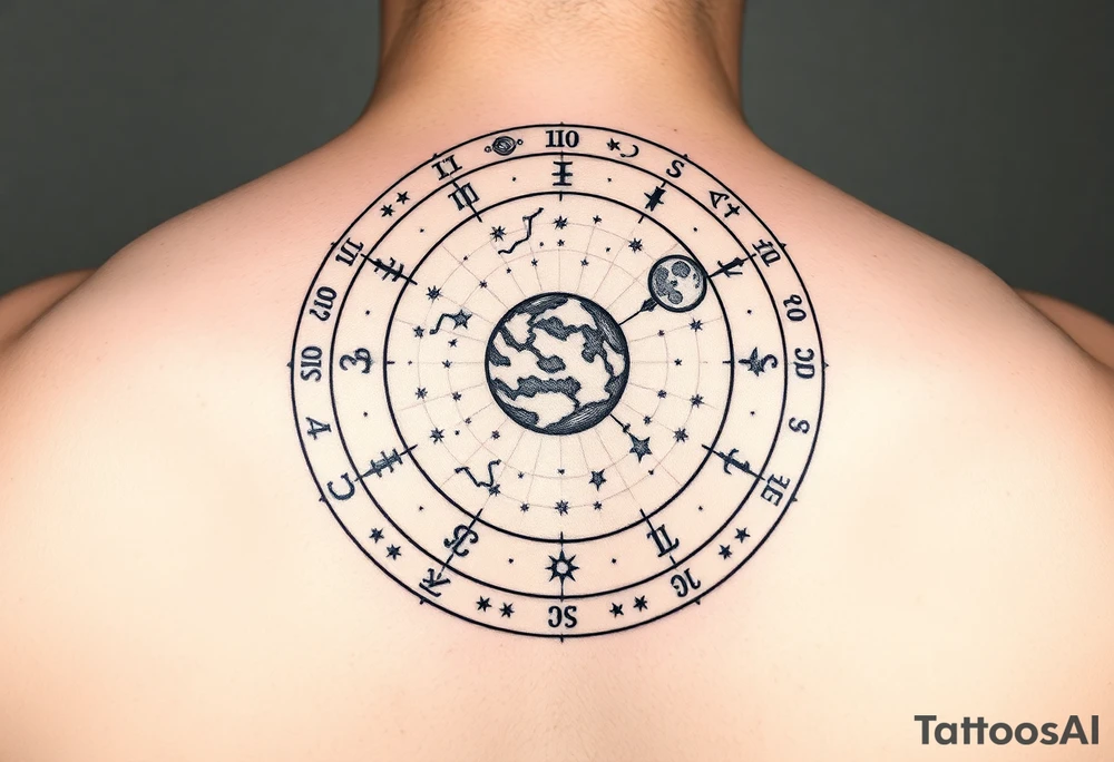 Zodiac constellation map with Jupiter mars and the moon with lots of stars tattoo idea