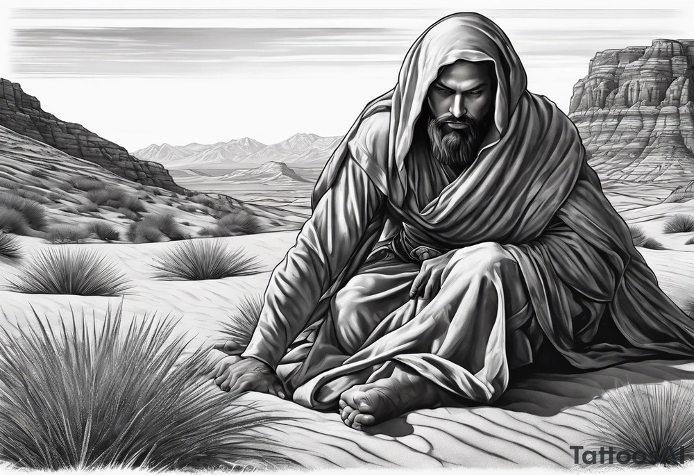 man crawling in a desert toward the cross of Christ tattoo idea