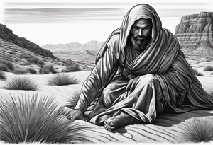 man crawling in a desert toward the cross of Christ tattoo idea