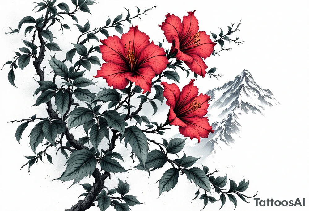 vertical wrist size red  and black rhododendron trippy with Himalayas behind tattoo idea