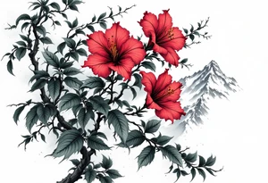 vertical wrist size red  and black rhododendron trippy with Himalayas behind tattoo idea