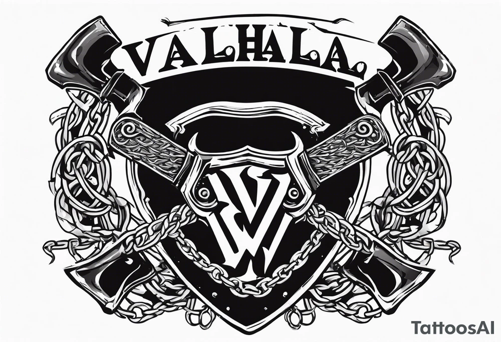 Valhalla sword shield axe barbed wire chains dark cloud tattoo idea