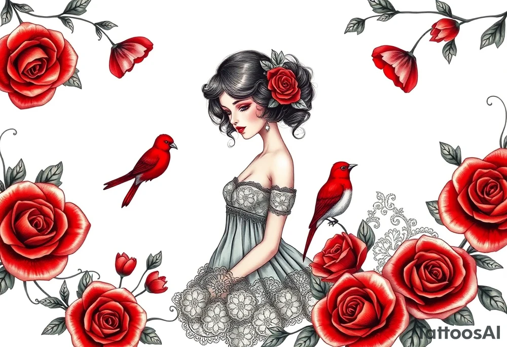 Vintage dollies, red roses, lace, red bird tattoo idea