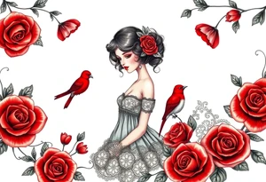 Vintage dollies, red roses, lace, red bird tattoo idea