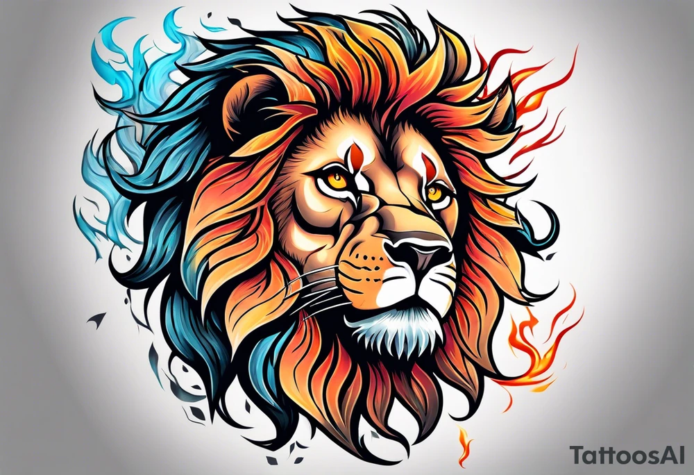 An angry lion surrounded by fire in full color tattoo idea