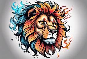 An angry lion surrounded by fire in full color tattoo idea