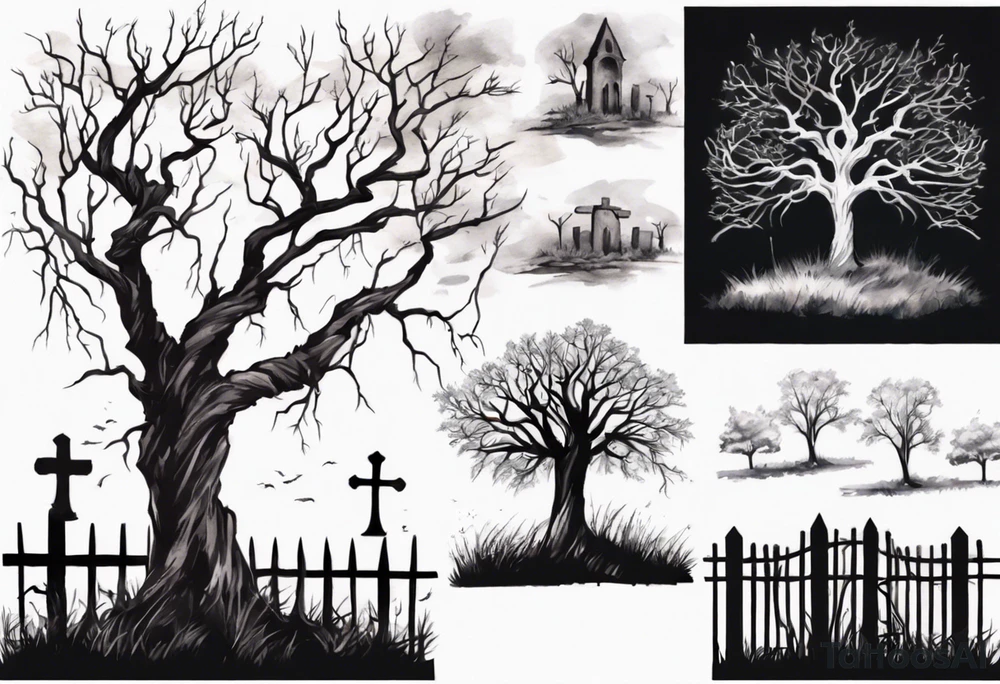A black tree and a white tree intertwining branches in a field with a fence and headstones tattoo idea