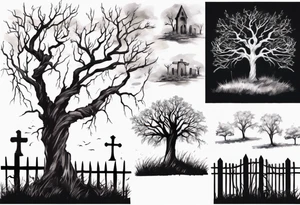 A black tree and a white tree intertwining branches in a field with a fence and headstones tattoo idea