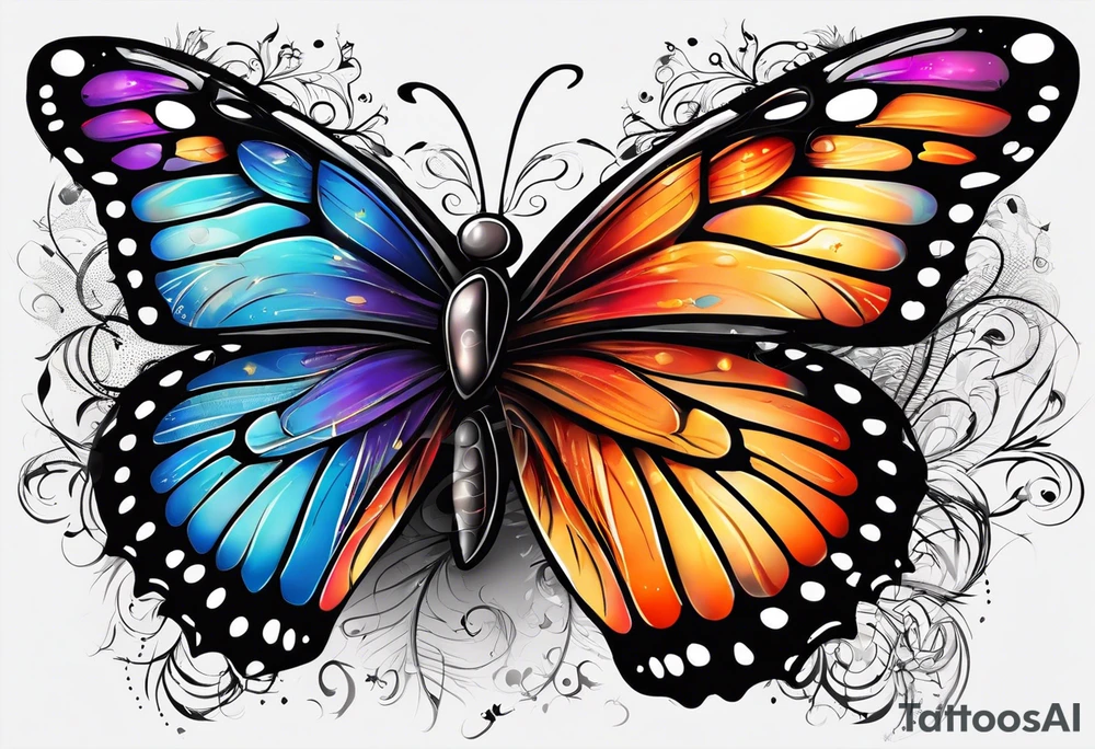 butterfly with one wing black scribbles, the other wing beautiful and colorful, the body has the date 1.9.2023 and the words written "I chose to live." tattoo idea
