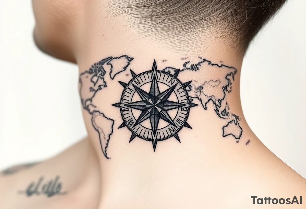 antique compass rose overlaid on weathered world map with sailing ships tattoo idea