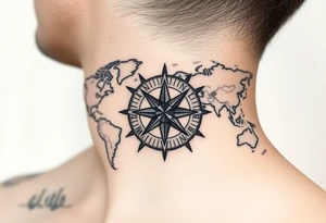 antique compass rose overlaid on weathered world map with sailing ships tattoo idea