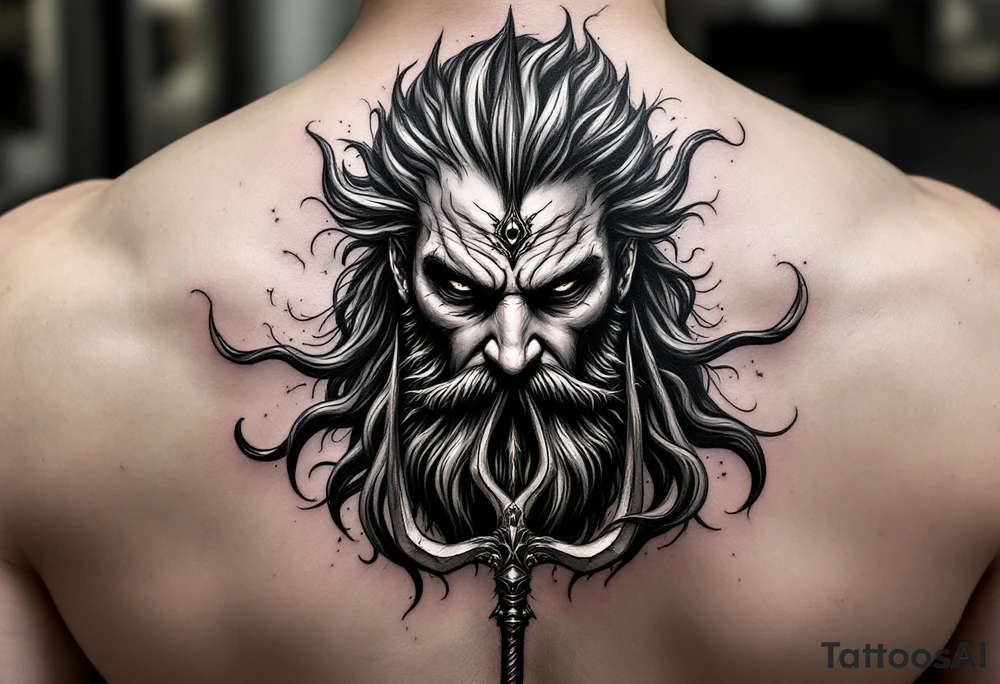 poseidon face behind trident tattoo idea