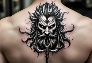 poseidon face behind trident tattoo idea
