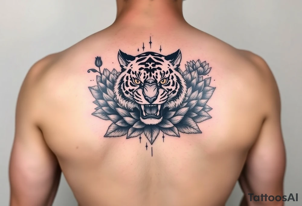 fierce tiger emerging through blooming lotus flowers in mist tattoo idea