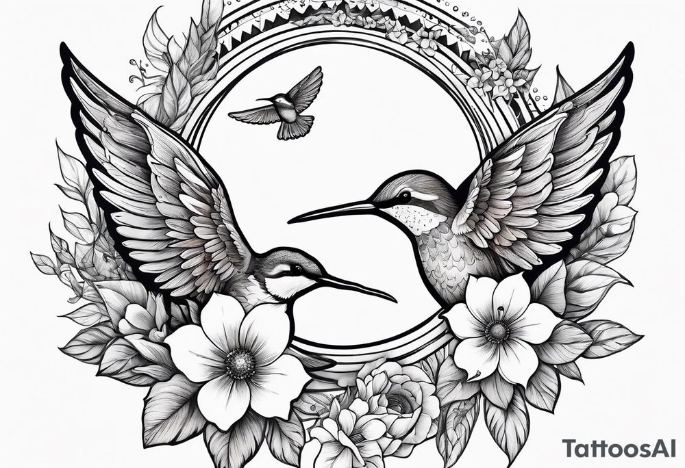 Floral sun and moon with hummingbird tattoo idea