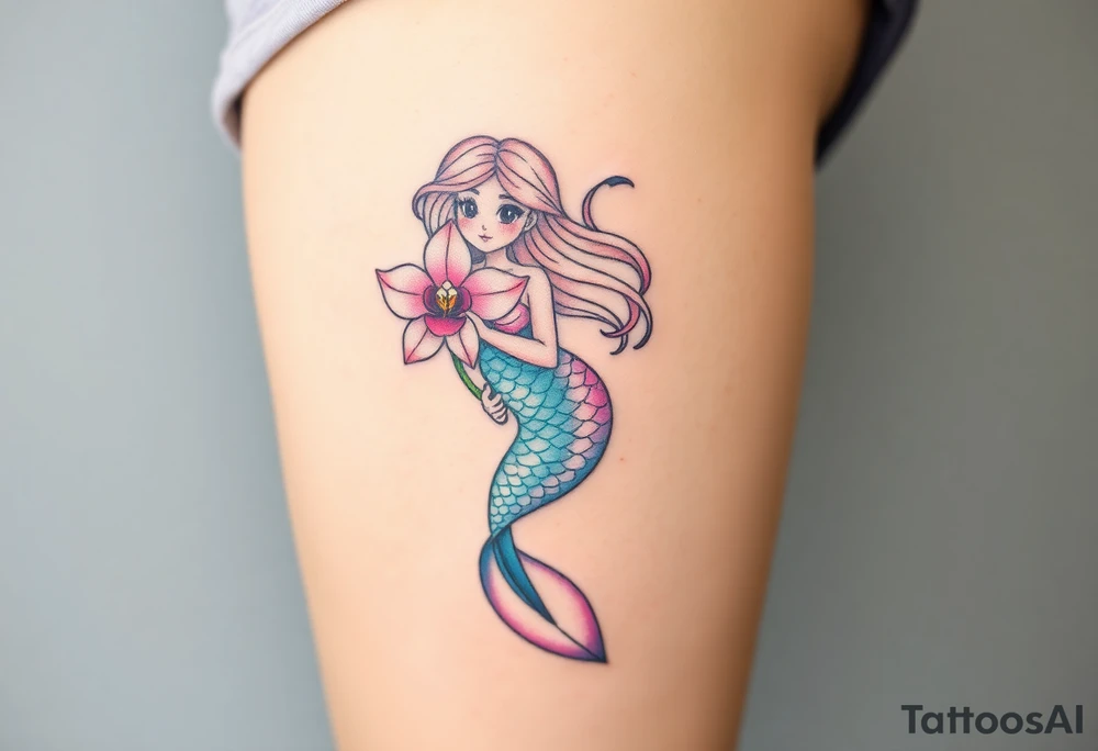 A mermaid holding an orchid flower, with soft ocean-inspired colors blending into the design tattoo idea