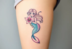 A mermaid holding an orchid flower, with soft ocean-inspired colors blending into the design tattoo idea