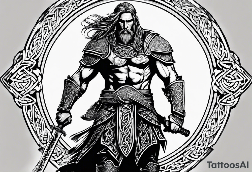 Full body shot Celtic warrior facing left with sword drawn. tattoo idea