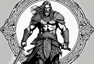 Full body shot Celtic warrior facing left with sword drawn. tattoo idea
