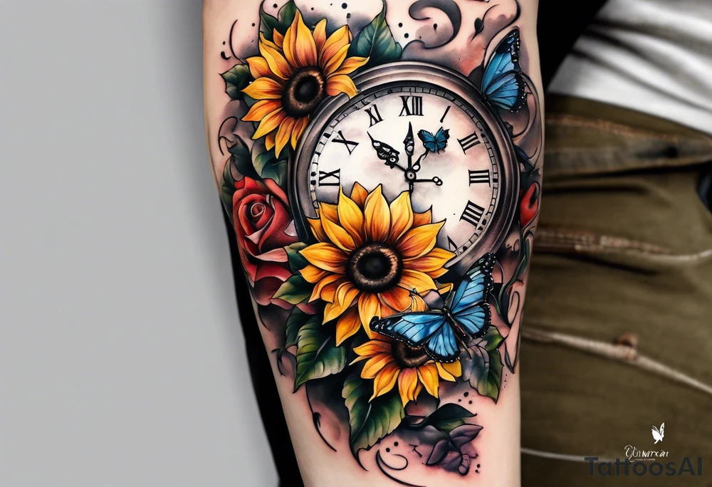 Sleeve with clock, sunflower and butterfly tattoo idea