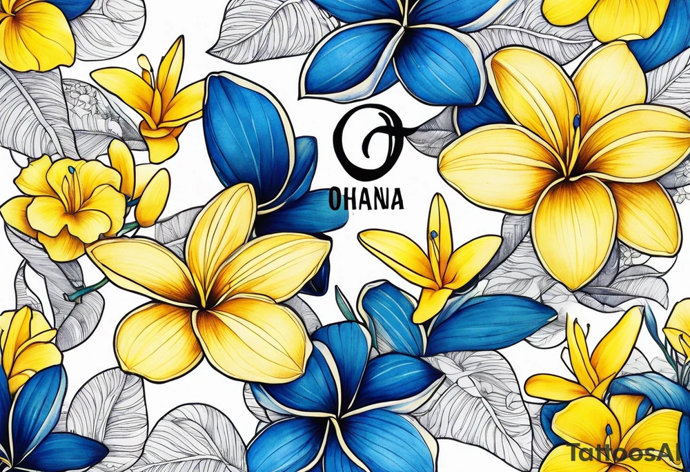 The word ohana surrounded by 
two blue plumerias, two yellow plumerias tattoo idea