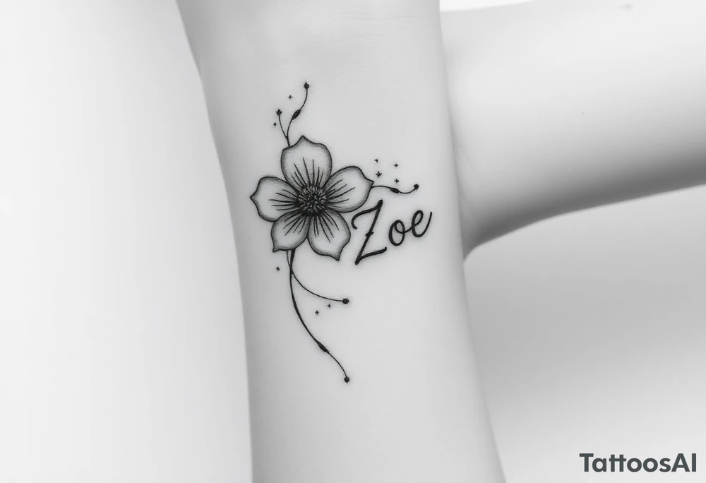 I want it on my wrist. I want a beautiful flower on the inside of my wrist with tendrils down the inside of my arm with little delicate stars or motes and the name Zoey

Why are you showing it on a back? I want it on the inside of my wrist

I want it to be a little smaller. I want the lines to be super fine. I want more organic delicate tendrils. The name Zoey should be about 3" up on the inside of my arm 

I just want the tendrils to look more natural and flowy and graceful.
I do not want stars in it anymore. 
Please show it on the inside of the wrist with the blossom just below the palm and the tendrils curling up the inside of the arm. I want a little more tendrils with some little sparkles very delicate leading to the name tattoo idea