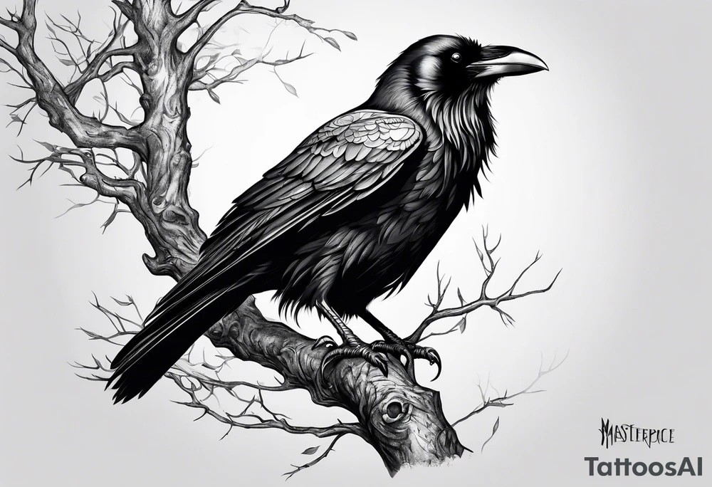 raven perched on branch tattoo idea