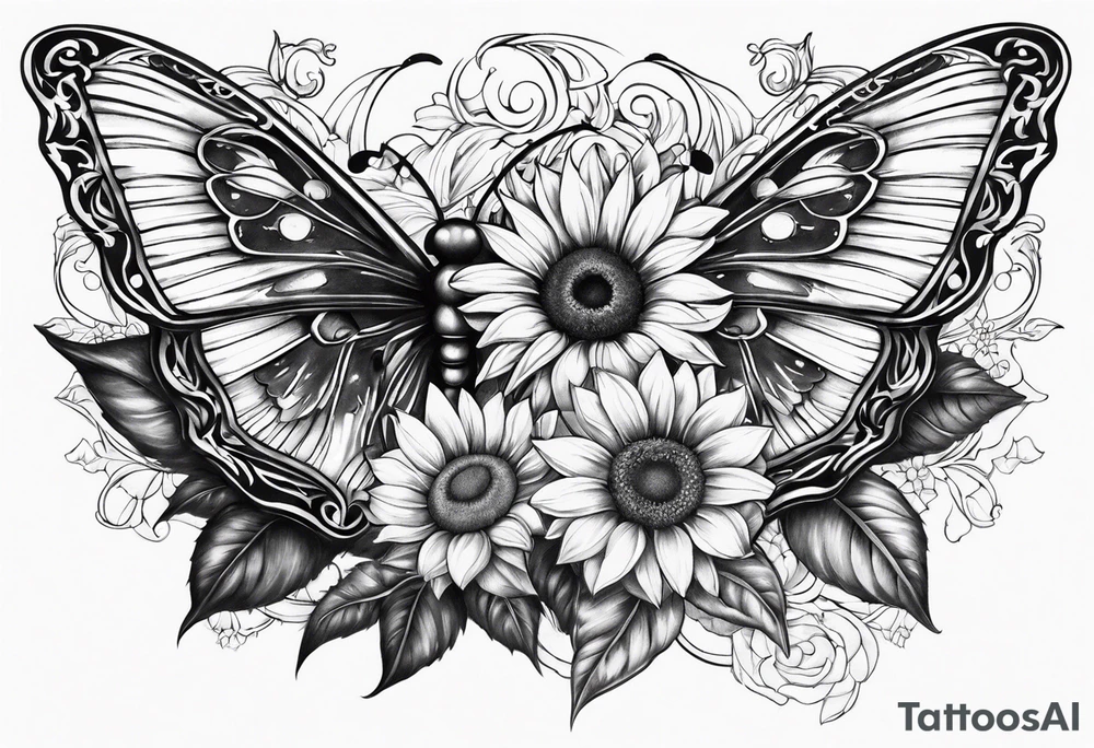 Winged cross with sunflower and butterflies tattoo idea