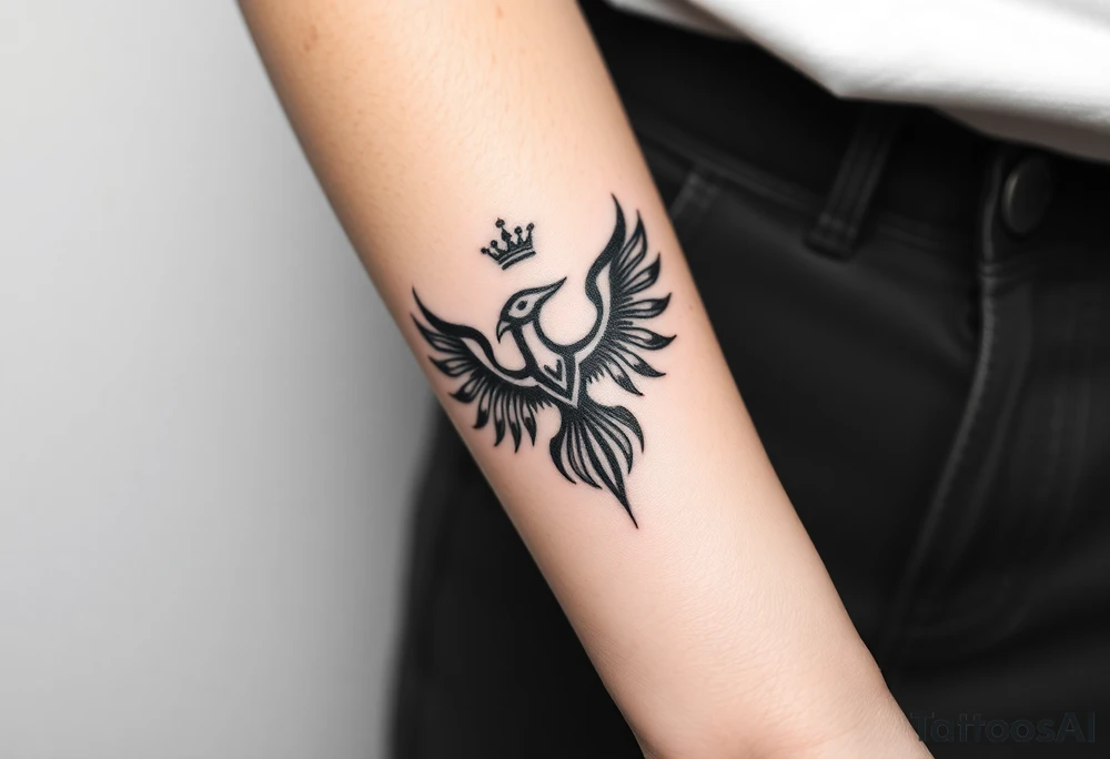 Minimal phoenix and crown fine lines tattoo idea