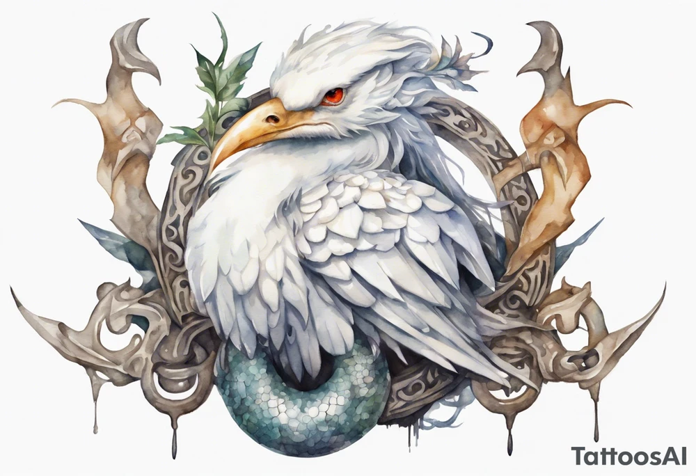 a watercolor of a white bird-serpent hybrid wearing an iron crown, perched upon a stone tattoo idea