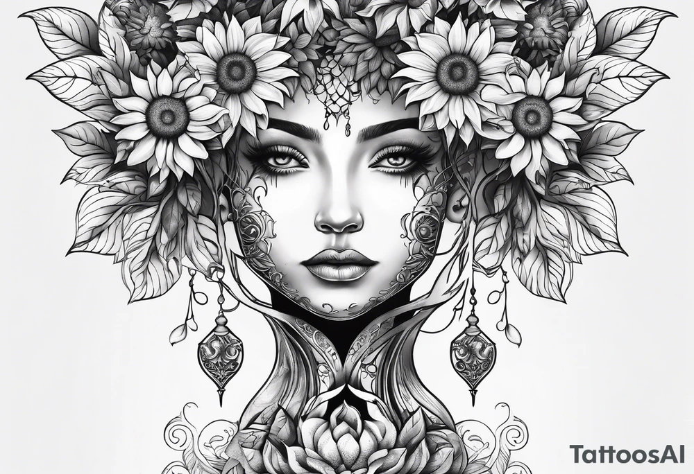 Feminine Yggdrasil tree with two sunflowers tattoo idea