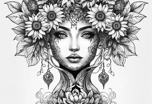 Feminine Yggdrasil tree with two sunflowers tattoo idea