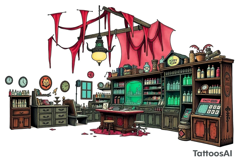 Tim Burton’s hobby shop is abandoned and dripping with muted reds, dusty pinks, and eerie green glow. tattoo idea tattoo idea