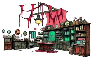 Tim Burton’s hobby shop is abandoned and dripping with muted reds, dusty pinks, and eerie green glow. tattoo idea tattoo idea