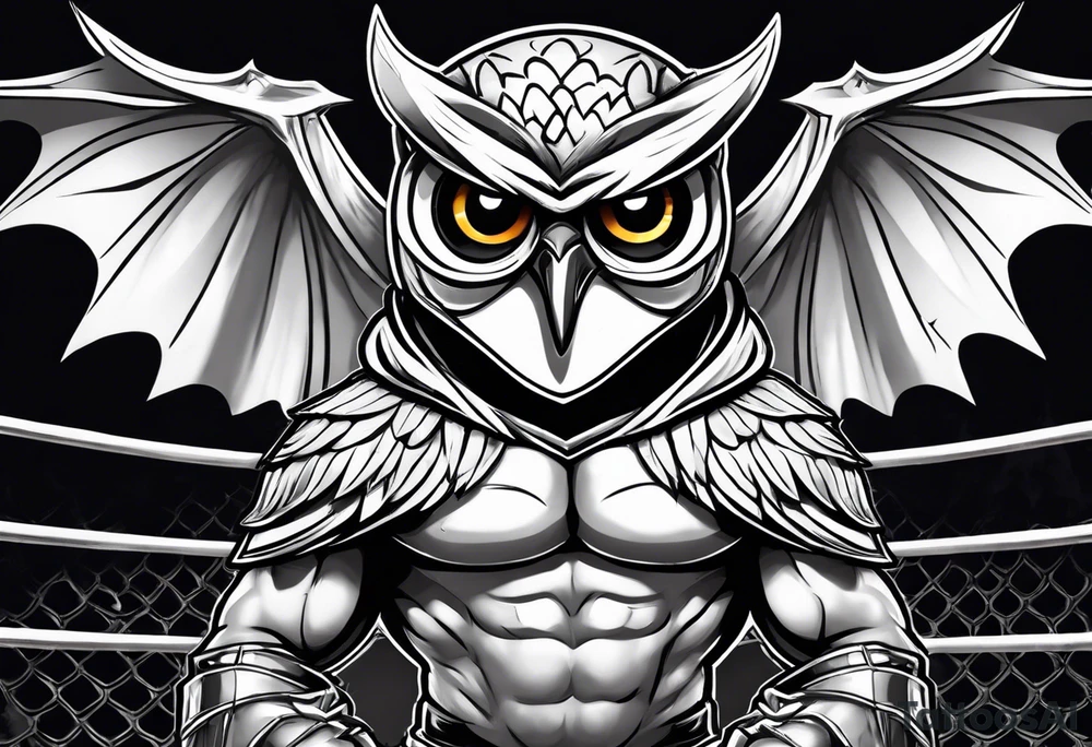 cartoon owl dressed up in a ghost halloween costume in a wrestling ring against a cow tattoo idea