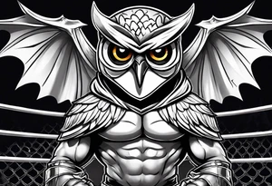 cartoon owl dressed up in a ghost halloween costume in a wrestling ring against a cow tattoo idea