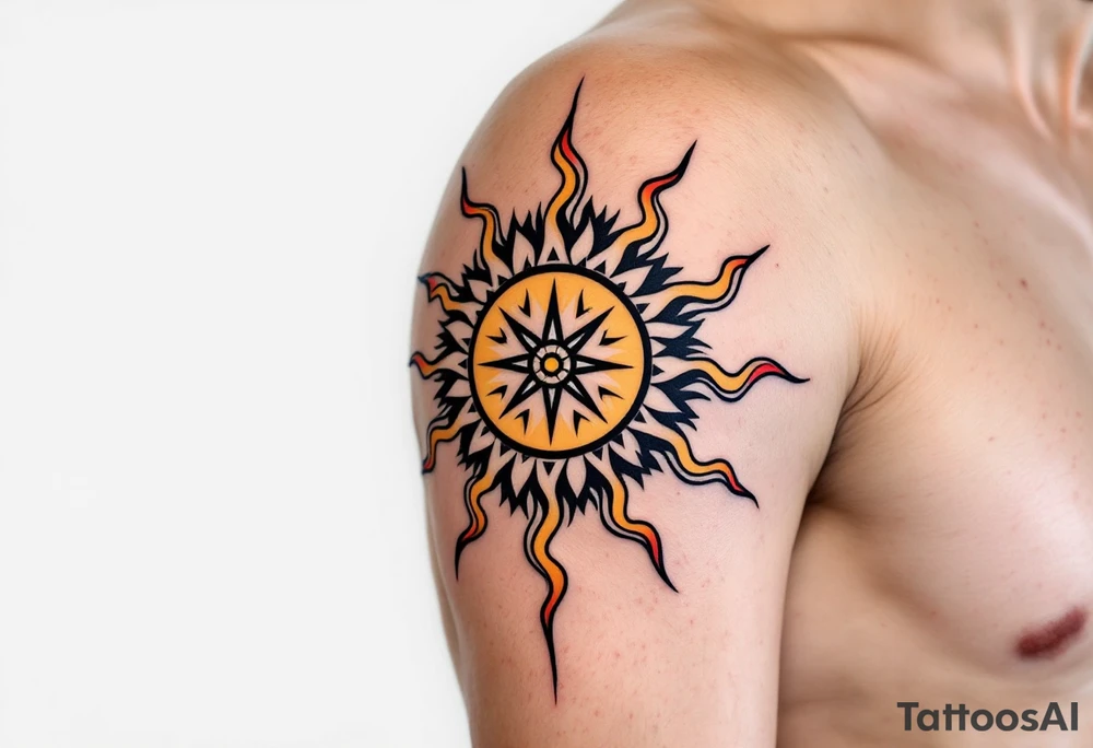A stylized sun with orange, yellow, and red rays, echoing the Zia symbol of harmony. tattoo idea