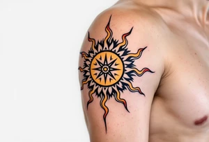 A stylized sun with orange, yellow, and red rays, echoing the Zia symbol of harmony. tattoo idea