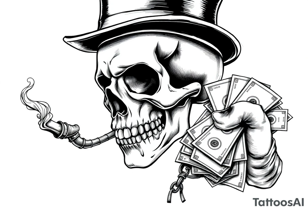 skull with mustache,a big cigar in his mouth,a top-hat on his head and alot of money in a hand. tattoo idea